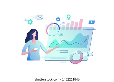 Young girl with a virtual monitor. Concept of digital technology. Remote business process management. Vector illustration.