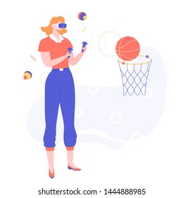 Young girl in virtual reality helmet playing basketball, VR technology concept, computer game, flat people vector illustration