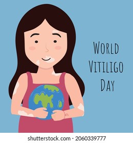 Young Girl in with Vitiligo holds Globe. World Vitiligo Day. Vector illustration Cartoon flat style