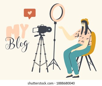 Young Girl Vlogger Character Shooting Vlog Make Review Recording Video Sitting in Room with Professional Light Equipment. Blogger Speaking and Gesturing in Front of Camera. Linear Vector Illustration
