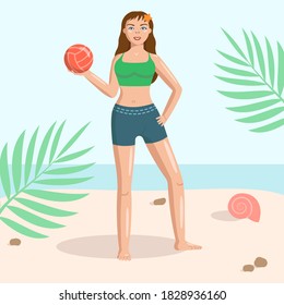 Young girl with a volleyball on the beach. Dressed in shorts and a tank top. Cartoon illustration