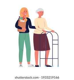 A young girl volunteer helps an elderly woman. A granddaughter carries food for her grandmother. Vector flat illustration isolated on a white background