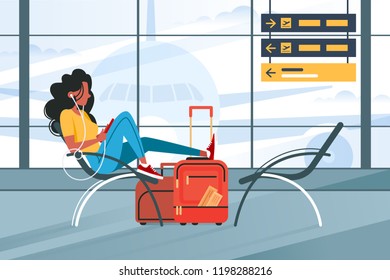 Young girl waiting for flight on plane.