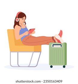 Young girl waiting for flight on plane. Pretty woman is sitting in the airport waiting room and listening to music, watching a tablet. Flat vector illustration isolated on white background