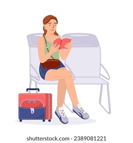 Young girl waiting for flight on plane. Pretty woman is sitting in the airport waiting room and read a book. Flat vector illustration isolated on white background