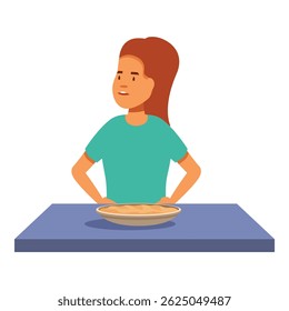 Young girl waiting for her food, standing at the table with hands on her hips