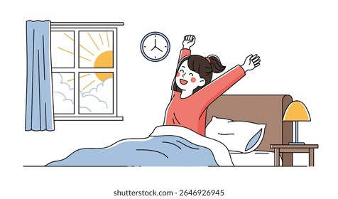 Jovem menina acorda sentindo-se refrescado e energizado na cama com luz do sol fluindo através da janela