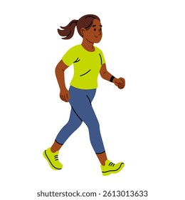 Young girl walking in athletic clothes on white background
