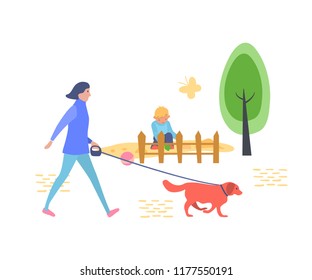 Young girl is walking in children's recreation and entertainment park with dog, against a backdrop of landscape, trees, sandbox in which little boy plays. Vector illustration in flat style.