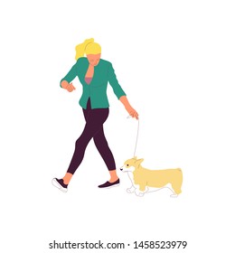 Young girl is walking with a corgi dog on a leash. Isolated on white background. Flat style cartoon stock vector illustration.
