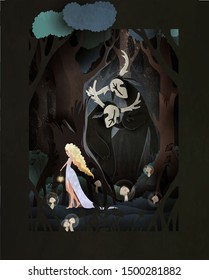 Young girl walking in the dark forest, two trolls or forest spirits watching her. Changeling folklore fairy tale vector illustration.