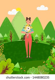 Young girl walking in forest among green trees, bushes. Pretty woman with bouquet of flowers on meadow with blooming plants, cartoon female with sack