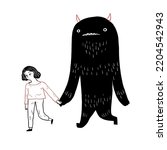 The young girl walking hand in hand with big black monster. Vector illustration hand drawn doodle style.