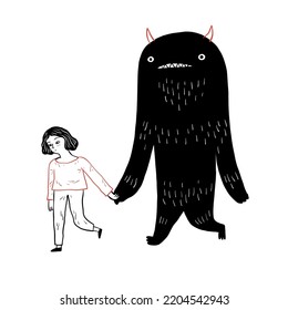 The young girl walking hand in hand with big black monster. Vector illustration hand drawn doodle style.