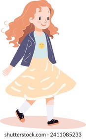 Young girl walking with a happy expression, casual clothing with smiley badge. Cheerful child going to school. Content and youth lifestyle vector illustration.