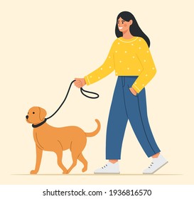Young girl walking with her cute dog. Happy pet owner. Adorable labrador retriever. Flat vector illustration. 