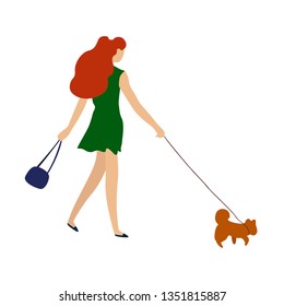 Young girl walking with her dog. Vector isolated illustration