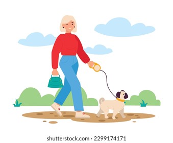 Young girl walking her dog. They walk in the park. Best friends. Vector graphic.