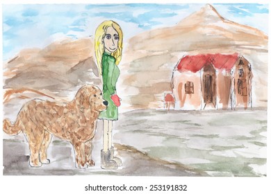 young girl walking with her dog outside