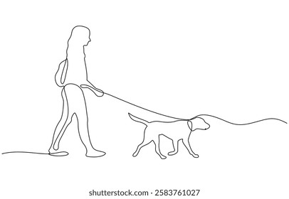 Young girl walking her dog in the park line art design, Continuous line drawing of Woman Wearing face mask walking with her dog. Dog and girl shape with active stroke.