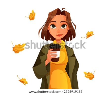 Young girl walking outdoors in autumn park with coffee. Harvest, holiday, fall. Woman holds a cup, wearing green coat, yellow dress in leaves. Hello autumn, welcome. Enjoying cosy weather. Vector 