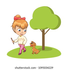 Young girl walking in park with adorable dog, throwing stick to pet under tree vector illustration of happy kid and cute puppy isolated on white