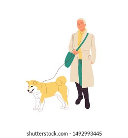 Young girl is walking with a shiba inu dog on a leash. Isolated on white background. Flat style cartoon stock vector illustration.
