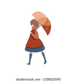 Young girl walking with umbrella. Cartoon character in raincoat and boots. Autumn weather. Trendy vector design