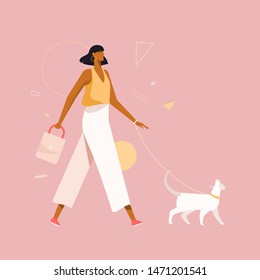 Young girl walks along with a cat. Fashionable female character. Modern, stylish vector illustration, flat design. Picture for poster or card. 
