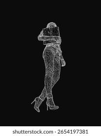 A young girl walks confidently with a document box balanced on her head, rendered in a striking wireframe style. The black background emphasizes the geometric simplicity of the figure.