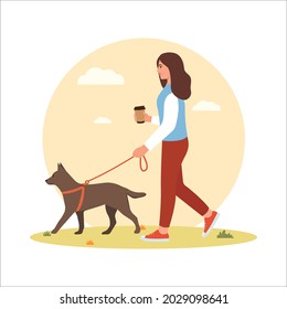 A young girl walks the dog. Coffee in hand. Vector illustration.