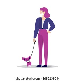 young girl walks with a dog. Rules for walking dogs during quarantine. dog walk flat vector illustration stock. girl walks with a dog on a leash isolated illustration on a white background. spitz