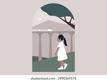 A young girl walks down a path beneath a viaduct, a train passing overhead, A tree hangs over the scene, and a bird flies overhead