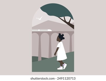 A young girl walks down a path beneath a viaduct, a train passing overhead, A tree hangs over the scene, and a bird flies overhead