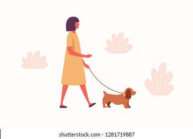 A young girl walks with her dog. Image on the topic of pet care. Vector illustration.