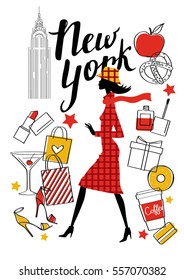 A young girl walks. New York. Vector hand drawn illustration. Fashion accessories.