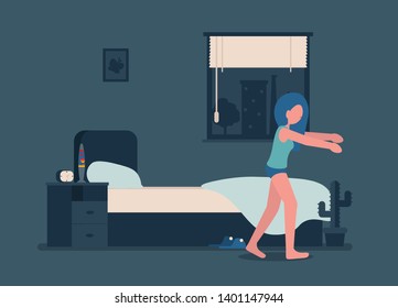 Young girl walks at night in a dream. Woman is sleepwalking. Flat vector illustration.