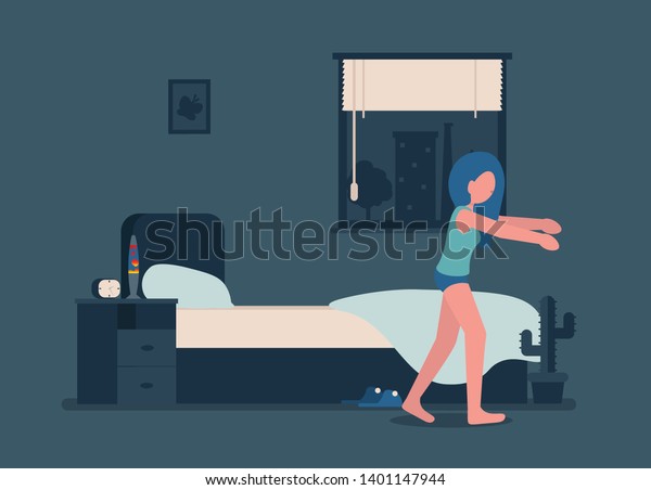 Young girl walks at night in a dream. Woman\
is sleepwalking. Flat vector\
illustration.