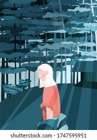 A young girl walks in the park. Sunny dense forest. Girl on the nature. Fresh air. Greenery. Sunny weather. Summer.