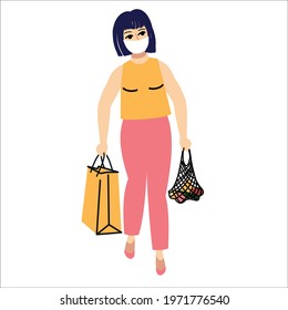 A young girl walks from the store with groceries in an eco bag, a paper bag, a reusable mesh shopping bag. Purchase of products during the epidemic, respiratory protection, medical mask. Flat vector
