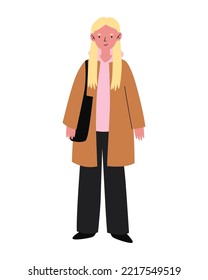 Young girl in warm clothes and hat. Autumn and winter street style. Generation Z character. Modern fashion outfit. Vector flat illustration.