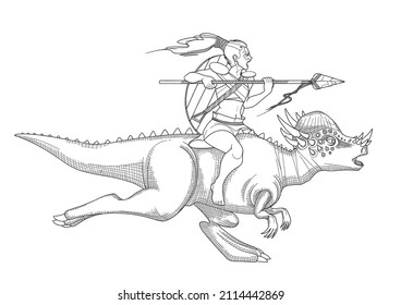 Young girl warrior riding on a pachycephalosaurus. Prehistoric world of dinosaurs. Vector line graphics for coloring books