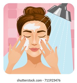 Young girl washes her face after mask or makeup, vector image