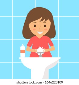 Young girl washing her hands in bathroom. Kid washing hands under faucet with soap and water. Virus disease protection healthcare concept vector illustration.