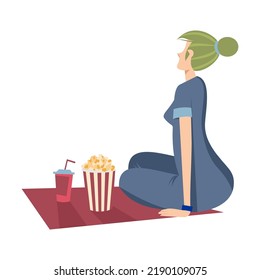 Young girl watching movie outdoors in evening. Couples dating in open air cinema theater and sitting at big screen. Vector illustration for night