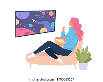 Young girl watching tv at home isolation. Stay at home vector illustration