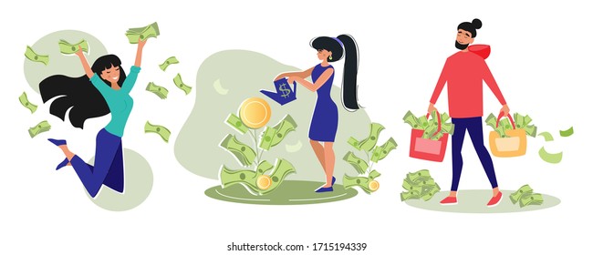 A young girl is watering a plant money. Symbol of success, business development, wealth. Manager, business woman, businessman. Money tree, plant with coins