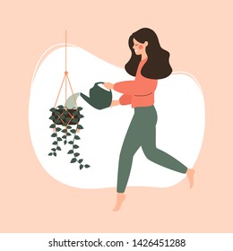 Young girl watering potted hanging plant. Concept of Irrigation and care of home flowers. Vector