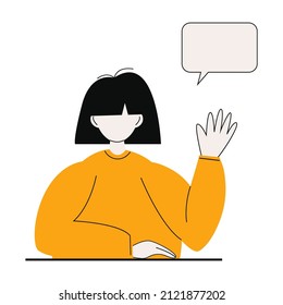 A young girl waves her hand against the background of a dialog box.