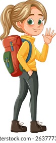 Young girl waving with a colorful backpack